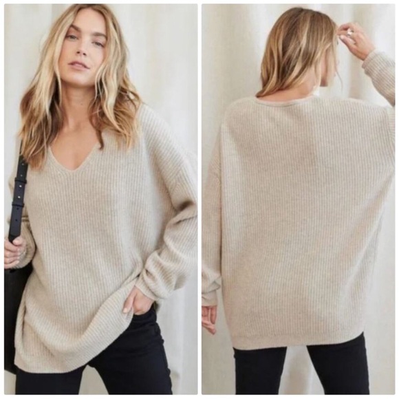 Jenni Kayne Sweater Shaker Stitch Cabin V-Neck Wool Cashmere in Oatmeal - Picture 2 of 8